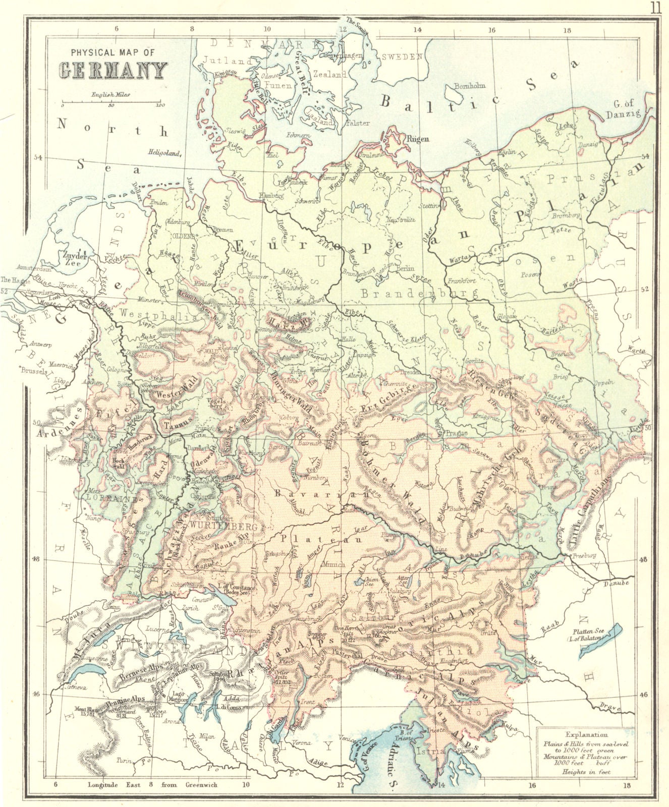 GERMANY. Physical. PHILIPS Hughes 1892 old antique vintage map plan chart